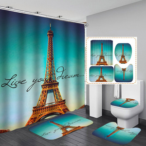 4Pcs Paris Tour Eiffel Rideau de <span class=keywords><strong>Douche</strong></span> Set de Salle de Bain Décor avec Tapis Antidérapant Tapis de Bain en Forme de U Couvercle de Toilette Imperméable - Product Image 1