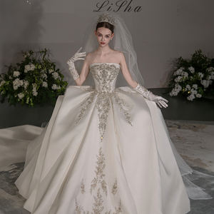 Robe de mariée sans bretelles Gt043, ornée de perles, en satin ivoire, robe de mariée Jancember - Product Image 4