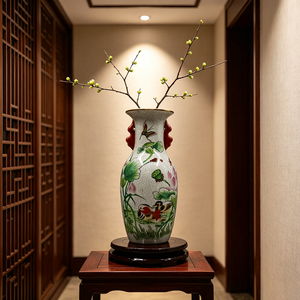 Vase en porcelaine craquelée <span class=keywords><strong>de</strong></span> Jingdezhen, motif lotus et <span class=keywords><strong>canard</strong></span> mandarin, vase en céramique à double anse - Product Image 3