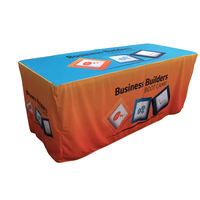 Vente de liquidation B2B, jupe de table personnalisée pour salon professionnel, impression par sublimation, polyester, housse de table extensible ajustée pour les événements