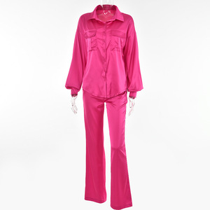 Ensemble de costume deux pièces pour femmes, couleur unie, haut boutonné, pantalon droit taille haute, satin, tenue décontractée - Product Image 5