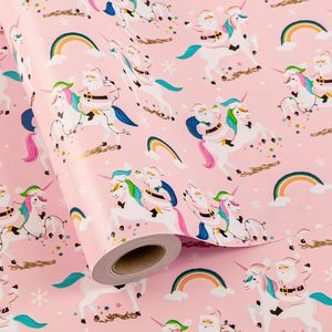 Papier cadeau de Noël MAYPLUSS 17x33 pieds, licorne, Père Noël, arc-en-ciel rose, écologique, pour les fêtes de fin d'année - Product Image 1