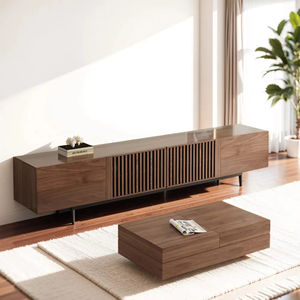 Ensemble de <span class=keywords><strong>meuble</strong></span> <span class=keywords><strong>TV</strong></span> et table basse en noyer de style mid-century premium avec rangement extensible et gestion des câbles - Product Image 1