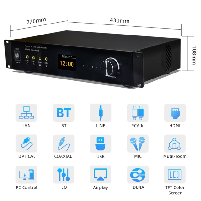 High Performance Metal 4-Zone 50W X 4-Channel Network Audio Amplifier WiFi/ Multiroom Receiver Wireless Remote for Home