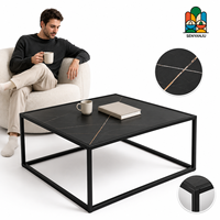 Table basse contemporaine pour salon avec cadre carré en métal noir et plateau en marbre effet charbon, base cube ouverte