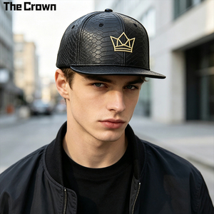 Custom Logo Snakeskin Pu Leather <b>Flat</b> Brim Cap Wholesale Bulk 3D Embroidered Structured 6 Panel <b>Hat</b> Manufacturer - Product Image 1