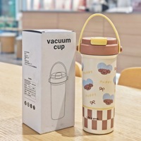 Bouteille d'eau isotherme à double compartiment en acier inoxydable avec paille, motif dessin animé – Isolation sous vide esthétiquement plaisante pour les étudiants