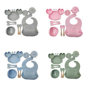 Theone 4 cái Thiết kế Bắc Âu cua và hình dạng động vật bé ăn Bộ BPA miễn phí Silicone Bát Tấm yếm Muỗng cho trẻ em ăn uống - Product Image 4