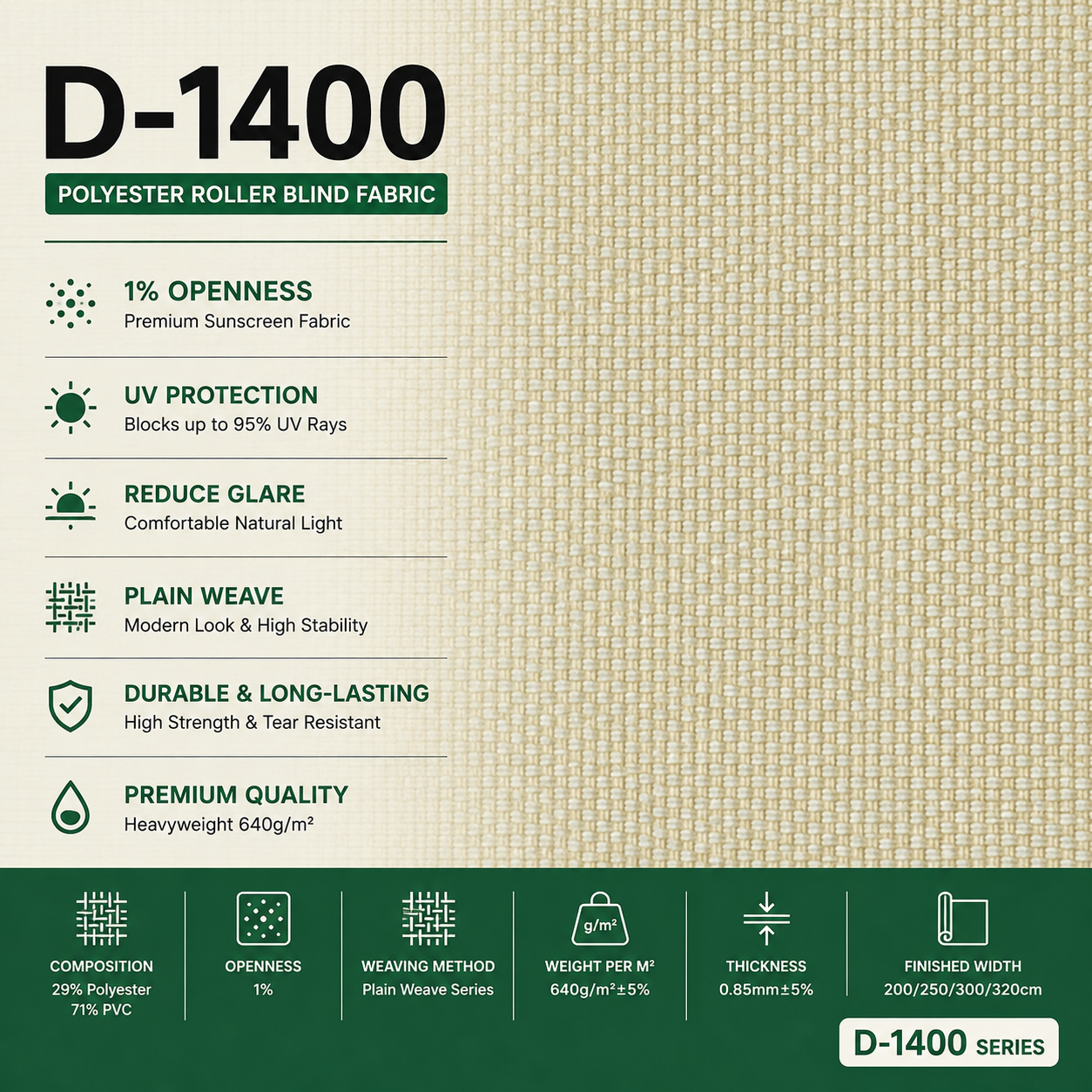 China Manufacturer D-1400 PVC Coated Polyester Roller Blind Fabric 1% Sunscreen Fabric For Commercial Window Shades