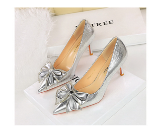 Escarpins à talons aiguilles de <span class=keywords><strong>7</strong></span> <span class=keywords><strong>cm</strong></span> pour femmes, confortables, pour le bureau, argentés, à bout pointu, avec nœud en strass, pour l'été, l'automne, les fêtes et les banquets - Product Image 6