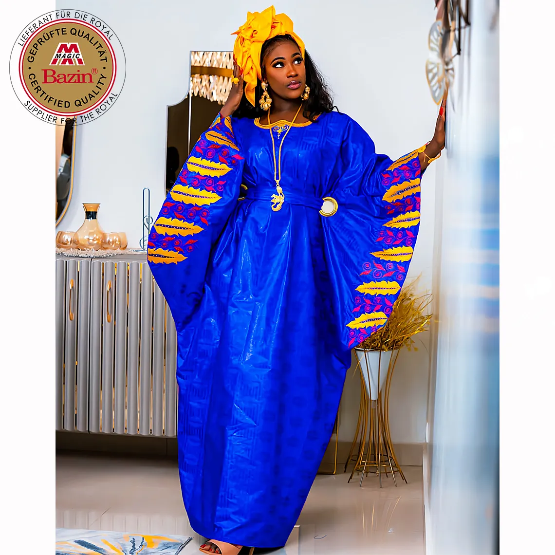 Bleu Original Guipure Bazin Riche Robes Pour Les Femmes Africaines Dashiki Robe Traditionnelle De Fête De Mariage Longues Robes Avec Bazin