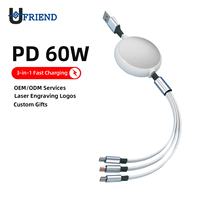 Câble de charge rapide rétractable portable 3 en 1 3A USB A vers Type C Micro USB Cordon de chargeur convivial pour les voyages