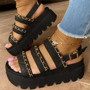 Летние римские сандалии с открытым носком, на цепочке, однотонные, на среднем каблуке, женская обувь, модные, с пряжкой - Product Image 4