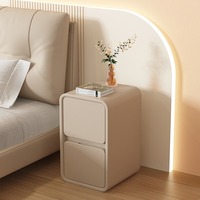 Table de Chevet Simple et Moderne Crème en Bois Massif et Cuir, Ultra-Étroite 20cm, Mini Armoire de Rangement Minimaliste pour Appartement et Hôtel