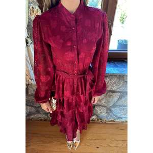 Robe de soirée vintage bordeaux en organza superposé, taille empire, col montant, coupe trapèze, avec détails transparents - Product Image 2