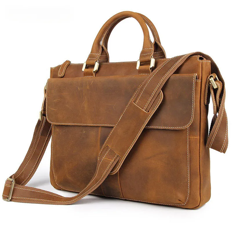 Men's Leather Handbag MEN'S Retro Business Bag Horse Leather Shoulder Bag Hand Briefcase Computer Bag