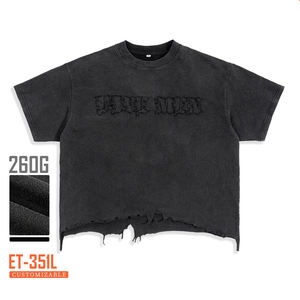 Chaud Durable 100% coton à manches courtes ourlet irrégulier Boxy Fit Vintage Streetwear en détresse broderie t-shirts - Product Image 1