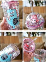 Gobelet à boisson Cute Summer Ice Cooling Dinosaur Tumblers Dome Lids Glitter 500ML Gobelets à eau en plastique avec couvercles et pailles