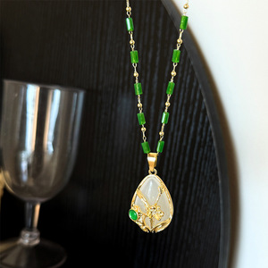 Tulip Teardrop Necklace Gold Green Jade Pendant Women's Clavicle Chain Everyday Wear Fine Jewelry - Product Image 1