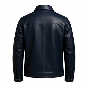 Chaqueta de Cuero Genuino Azul Oscuro para Hombre, Estilo Motero, Cuello Camisero, Cierre de Cremallera, Corte Regular, Color Sólido, para Invierno - Product Image 2