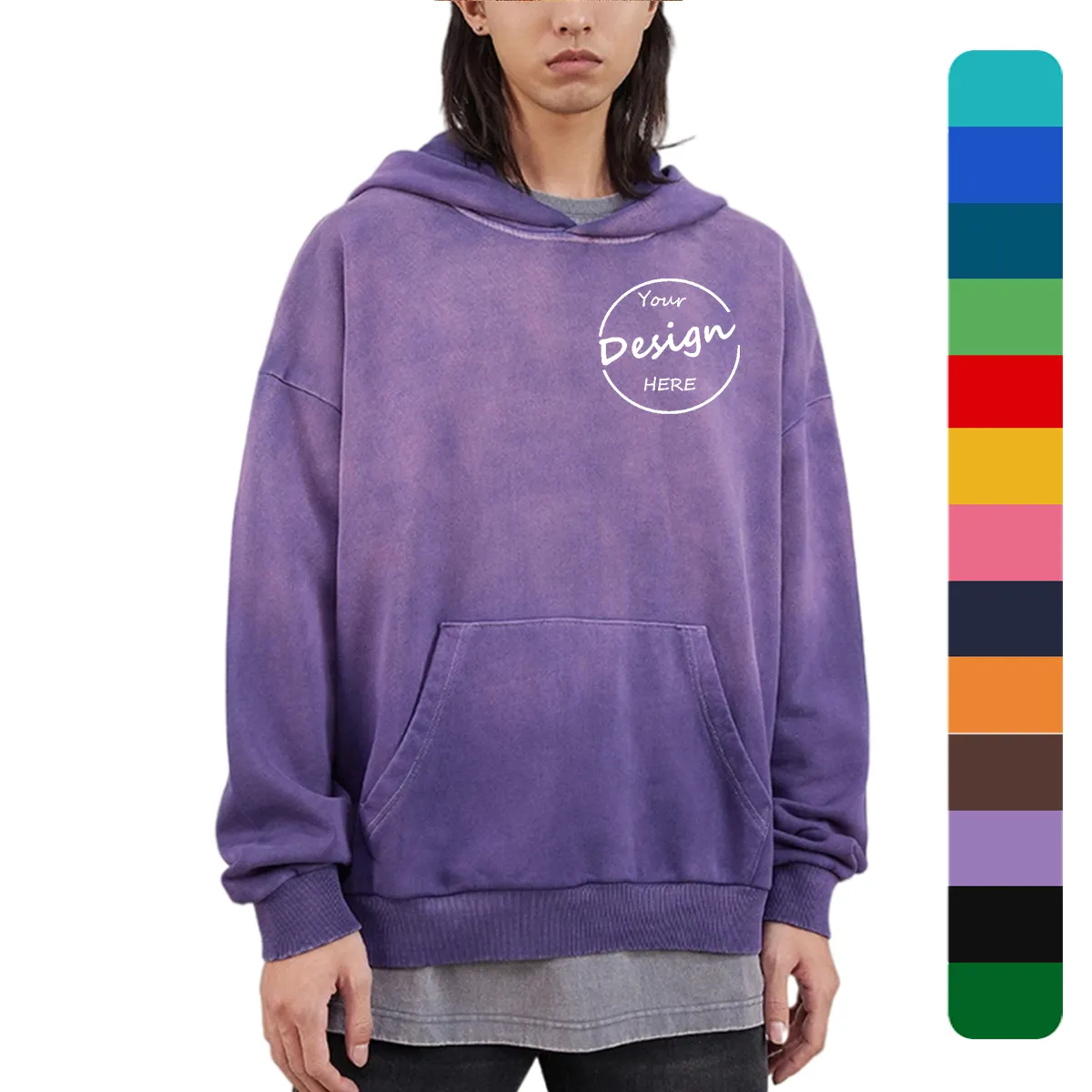 Wholesale Plain Pink Custom Pullover Drop Shoulder Heavyweight Cotton Fleece Hooded Sweatshirts Acid Wash Oversized Hoodie Men