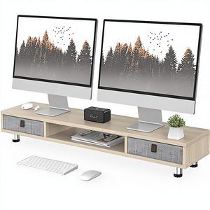 Soporte de Altura Ajustable para Dos Monitores con 2 Cajones, Construcción de Madera y Hierro, Organizador de Escritorio Moderno para Uso en Oficina - Product Image 1