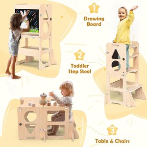 Tabouret de cuisine pliable multifonctionnel 4-en-1 Woodure avec tableau noir pour enfants de 1 à 3 ans, cadeau pour garçon ou fille - Product Image 1