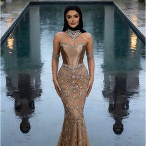 Платье-русалка нюдового цвета больших размеров |   Корсетное платье с бисером для вокальных выступлений и сценических представлений - Product Image 6