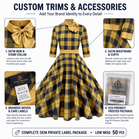 Robe trapèze vintage à carreaux personnalisée pour femme, col en satin avec nœud, manches trois quarts, usine de vêtements OEM ODM