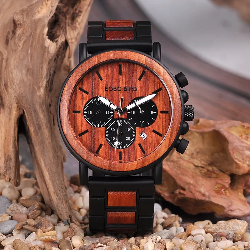 Bobobird relógio de madeira masculino, relógio de luxo de madeira marca P09-3 cronógrafo esportivo personalizado relógios de quartzo