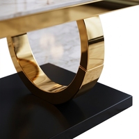 Ensemble de table à manger moderne de luxe en pierre frittée blanche brillante, base rectangulaire en métal doré incurvé