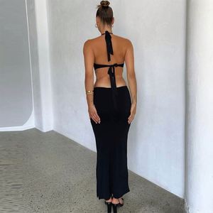 Robe dos nu pour femme, nouvelle collection été <span class=keywords><strong>2022</strong></span>, couleur unie, col licou, dentelle ajourée - Product Image 2