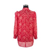 Chemisier en mousseline rouge à imprimé floral pour femme, col mandarin, manches ballon, coupe ample, haut long, style élégant printemps-été