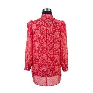 Chemisier en mousseline rouge à imprimé floral pour femme, col mandarin, manches ballon, coupe ample, haut long, style élégant printemps-été - Product Image 2