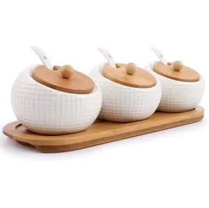 Porcelain Condiment Jar <strong>Spice</strong> Container with Lids Bamboo Holder Spot Ceramic Serving Spoon Wooden <strong>Tray</strong> - Product Image 1