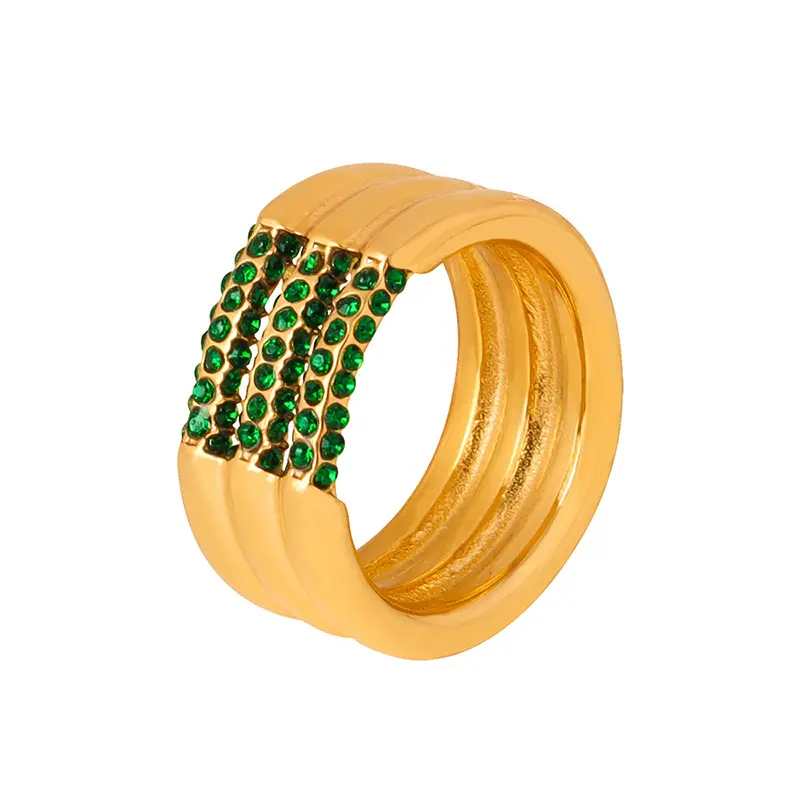 Best Selling Real Gold Plated Multilayer Tail Rings 316L Stainless Steel Green CZ Zircon Index Finger Ring for Women