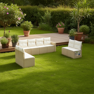 Conjunto de Sofás de Jardín Beige, Muebles de Ratán para Exteriores, Diseño Contemporáneo Impermeable, Cojines de Espuma de Alta Densidad - Product Image 2