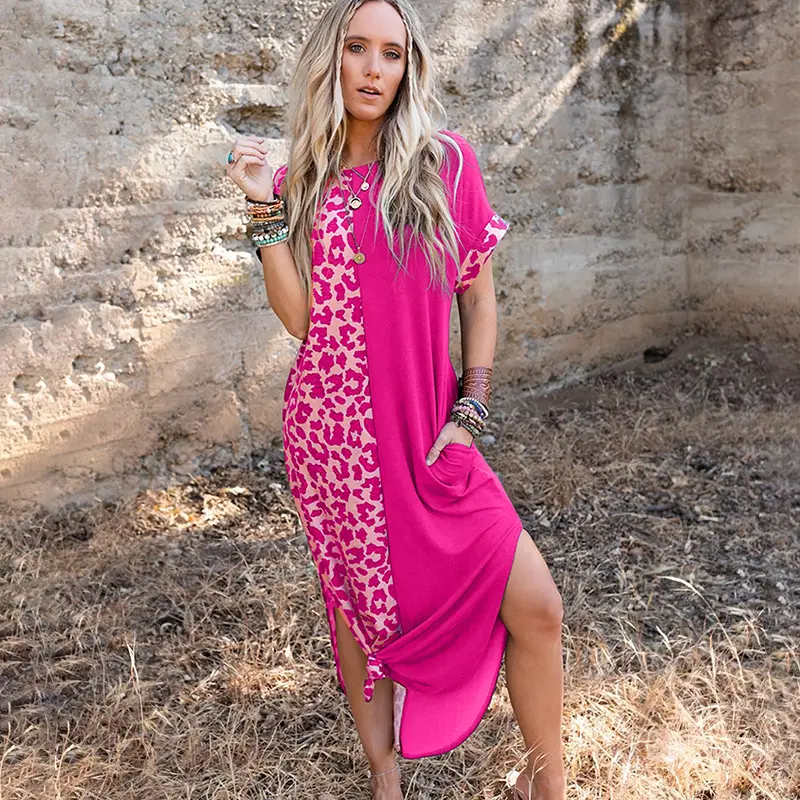 Clothing Private Label Wholesale Summer Short Sleeve Leopard Patchwork Maxi Woman Elegant Long Dresses Women