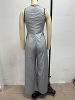 Combinaison pantalon large pour femme, color block, col en V profond, sans manches, avec rayures latérales et poches, élégante pour soirée formelle