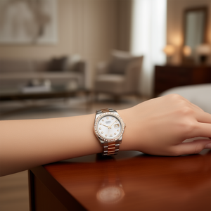 Luxury Two-Tone Stainless Steel Quartz <b>Watch</b> With Moissanite Bezel Date Display <b>For</b> Men And <b>Women</b> Fashion Dress Wristwatch - Product Image 2