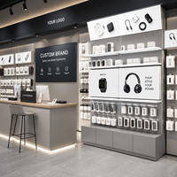 Support d'affichage d'accessoires robuste et écologique Ceres Sleek Yellow avec bande lumineuse LED, dimensions personnalisées pour les murs de magasins de téléphonie mobile