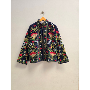 <b>Women's</b> <b>Navy</b> Velvet Hand Embroidered Floral <b>Jacket</b> Mandarin Collar Short Coat outerwear ethnic - Product Image 1