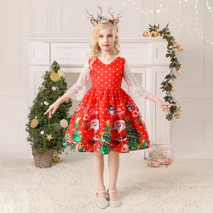 MQATZ圣诞老人服装女孩长袖蕾丝连衣裙红色圣诞服装印花时尚3-5岁儿童