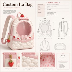 Sac à dos Ita personnalisé style Coquette avec doublure imprimée motif gâteau à la crème fraise, crème fouettée et breloque fraise, idéal pour les desserts - Product Image 1