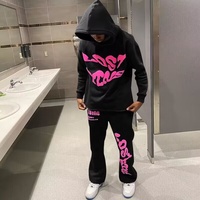Ensemble de survêtement deux pièces pour homme, couleur unie, avec logo personnalisé, comprenant un pantalon de jogging basique uni et un sweat à capuche court évasé