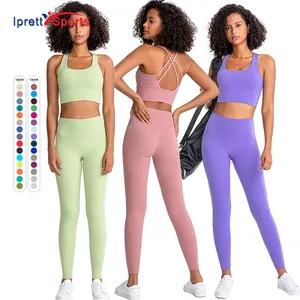 Ensemble coloré de Yoga pour femmes, 2 pièces, soutien-gorge de sport croisé et Legging taille haute, vêtements d'athlétisme, ensembles de Fitness