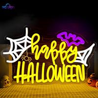 Panneau néon LED Joyeux Halloween avec toile d'araignée et chauve-souris, alimenté par USB, en acrylique, pour décoration murale de fêtes et bars à domicile
