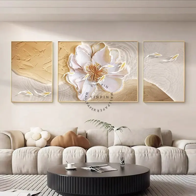 Wholesale custom flowers and fish wall painting for home decor living room