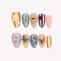 Offre Spéciale – Nouveaux Ongles Press-On en Acrylique Pastel, Motifs Rayures et Pois Macaron, Peints à la Main Tournesol, Papillon, Coccinelle