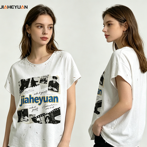 <strong>Women</strong> Distressed Holes Heat Transfer Frayed Edges Screen Print 260GSM 100% Cotton Cropped Street Style T-<strong>Shirt</strong> Music Festival - Product Image 3